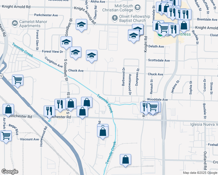 map of restaurants, bars, coffee shops, grocery stores, and more near 3425 Brutonwood Cove in Memphis