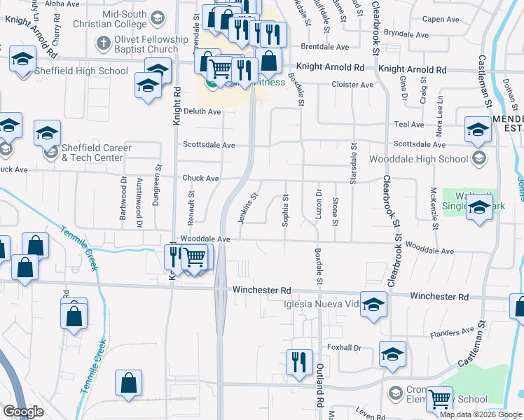 map of restaurants, bars, coffee shops, grocery stores, and more near 3427 Freland Drive in Memphis