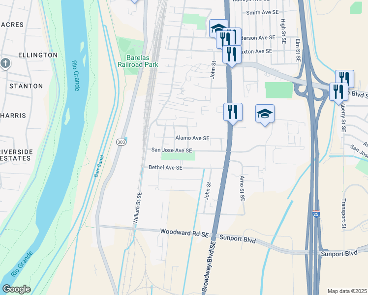 map of restaurants, bars, coffee shops, grocery stores, and more near 409 San Jose Avenue Southeast in Albuquerque