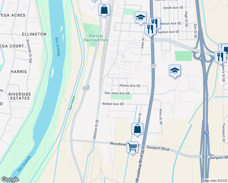 map of restaurants, bars, coffee shops, grocery stores, and more near 301 San Jose Avenue Southeast in Albuquerque