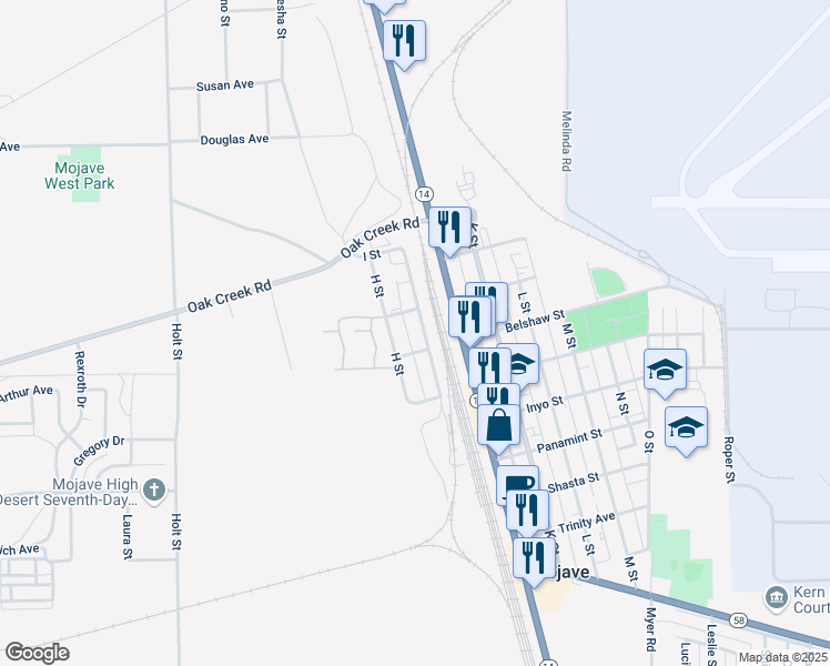 map of restaurants, bars, coffee shops, grocery stores, and more near 16125 I Street in Mojave