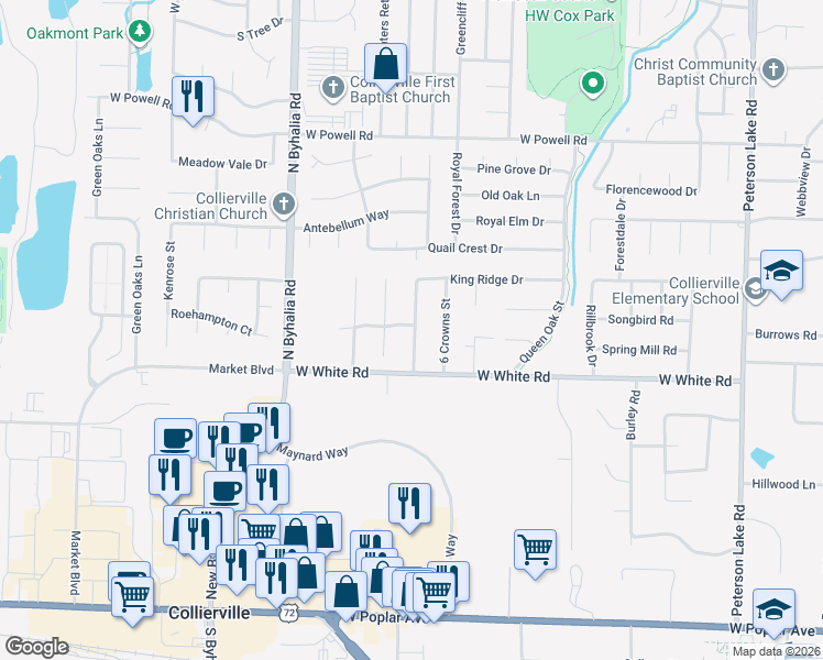 map of restaurants, bars, coffee shops, grocery stores, and more near 609 Royal Crown Drive in Collierville