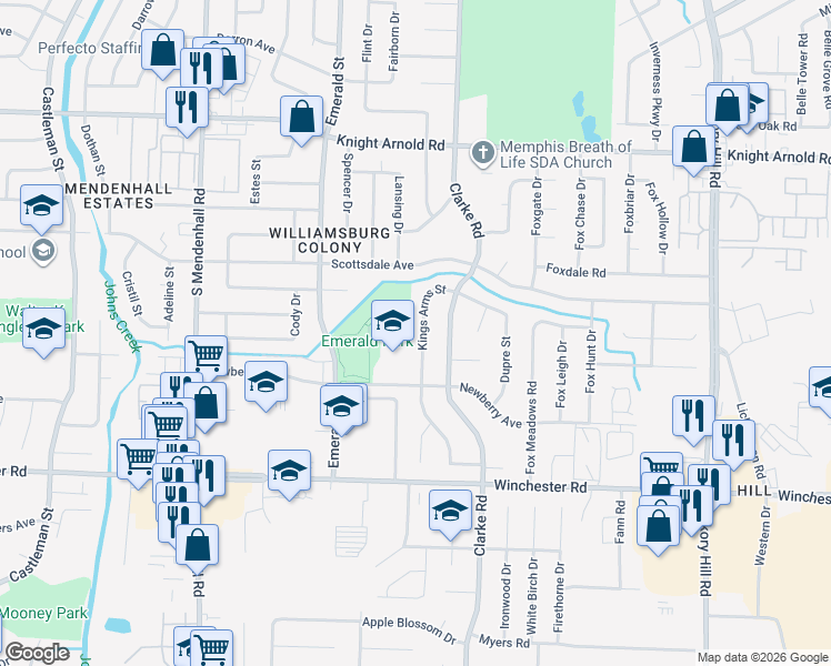 map of restaurants, bars, coffee shops, grocery stores, and more near 3430 Kings Arms Street in Memphis