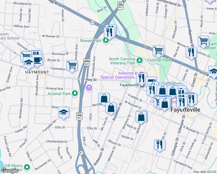 map of restaurants, bars, coffee shops, grocery stores, and more near 700 Pershing Street in Fayetteville