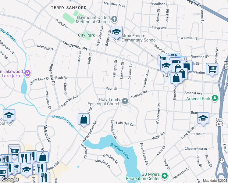 map of restaurants, bars, coffee shops, grocery stores, and more near 1707 Pugh St in Fayetteville