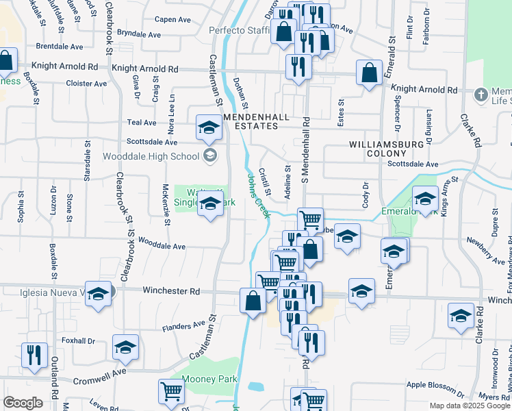 map of restaurants, bars, coffee shops, grocery stores, and more near 3426 Rosecreek Cove in Memphis