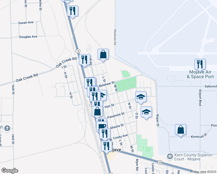 map of restaurants, bars, coffee shops, grocery stores, and more near 16052 L Street in Mojave