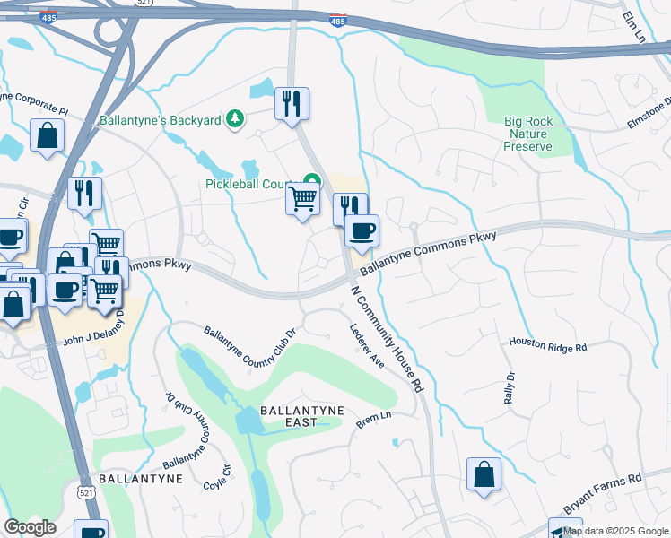 map of restaurants, bars, coffee shops, grocery stores, and more near 11215 North Community House Road in Charlotte