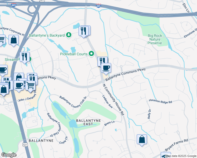 map of restaurants, bars, coffee shops, grocery stores, and more near 11215 North Community House Road in Charlotte