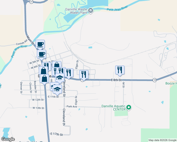 map of restaurants, bars, coffee shops, grocery stores, and more near 722 Grant Street in Danville