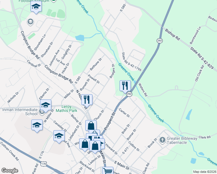 map of restaurants, bars, coffee shops, grocery stores, and more near 34 Bridges St in Inman