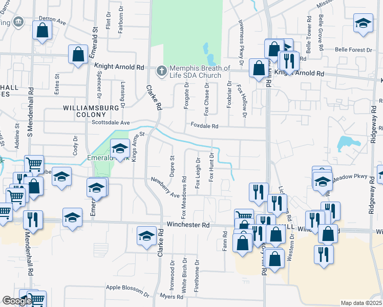 map of restaurants, bars, coffee shops, grocery stores, and more near 5725 Fox Bend Avenue in Memphis