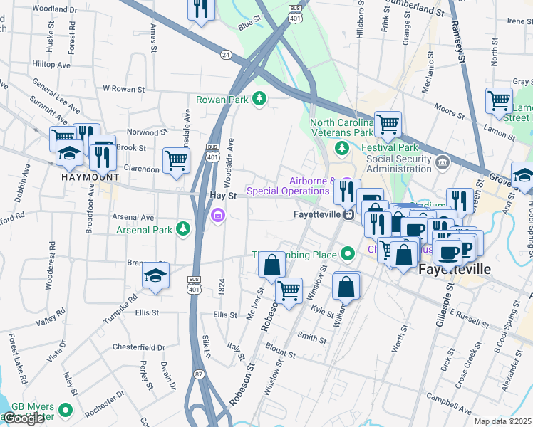 map of restaurants, bars, coffee shops, grocery stores, and more near 650 Pershing Street in Fayetteville
