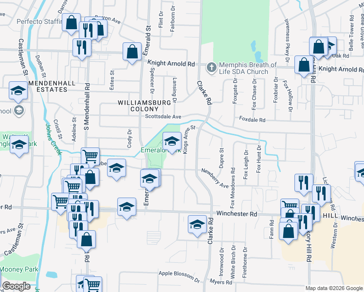 map of restaurants, bars, coffee shops, grocery stores, and more near 3430 Kings Arms Street in Memphis