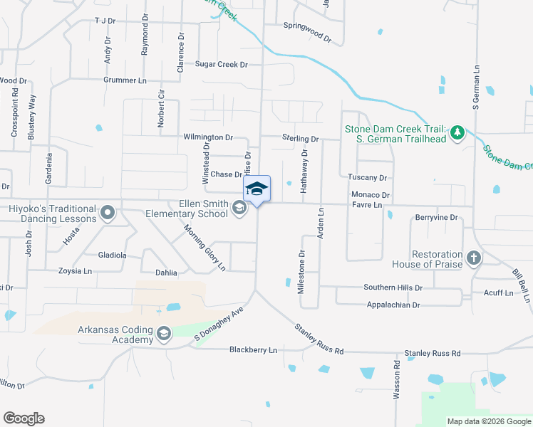 map of restaurants, bars, coffee shops, grocery stores, and more near 1600 South Donaghey Avenue in Conway