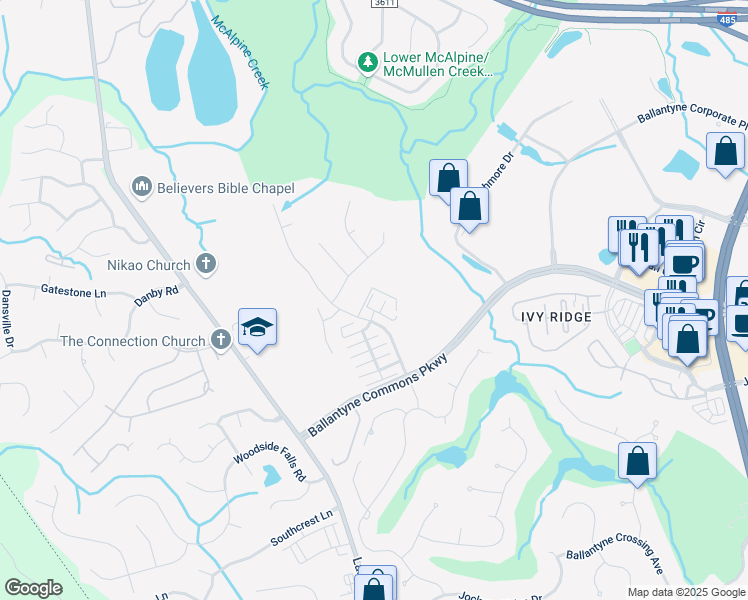 map of restaurants, bars, coffee shops, grocery stores, and more near 11023 Kingston Place Drive in Charlotte
