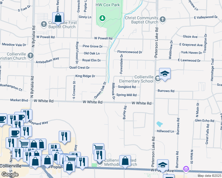 map of restaurants, bars, coffee shops, grocery stores, and more near 571 Rillbrook Drive in Collierville