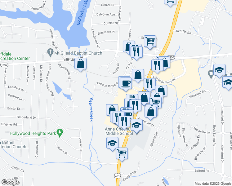 map of restaurants, bars, coffee shops, grocery stores, and more near 701 Scotia Lane in Fayetteville