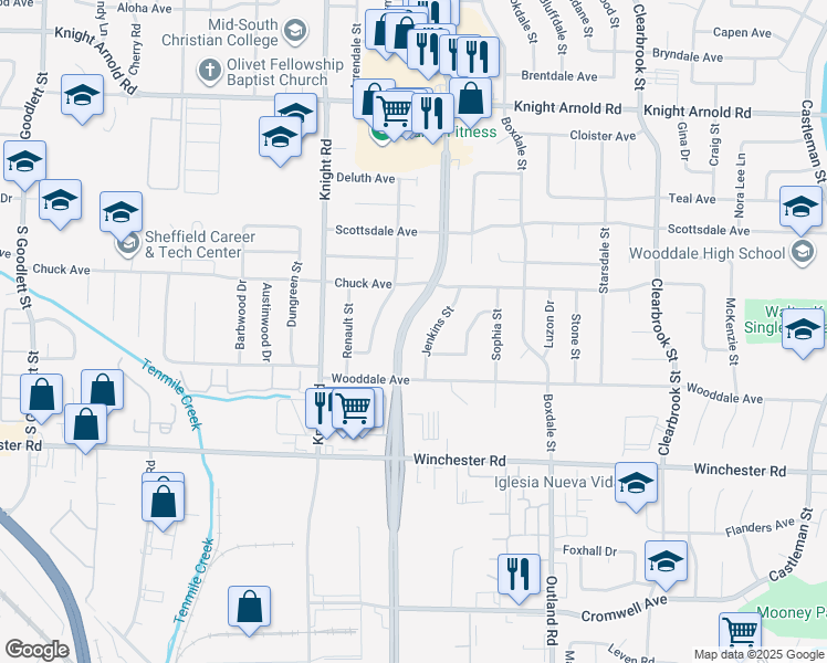 map of restaurants, bars, coffee shops, grocery stores, and more near 3426 South Perkins Road in Memphis
