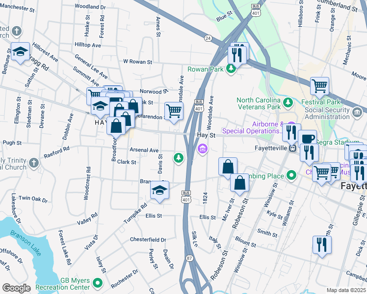 map of restaurants, bars, coffee shops, grocery stores, and more near 822 Arsenal Avenue in Fayetteville