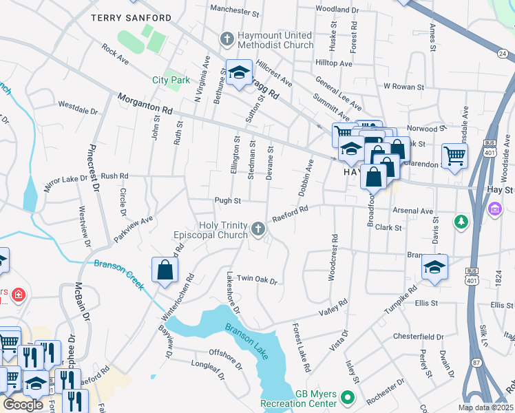 map of restaurants, bars, coffee shops, grocery stores, and more near 1607 Pugh Street in Fayetteville