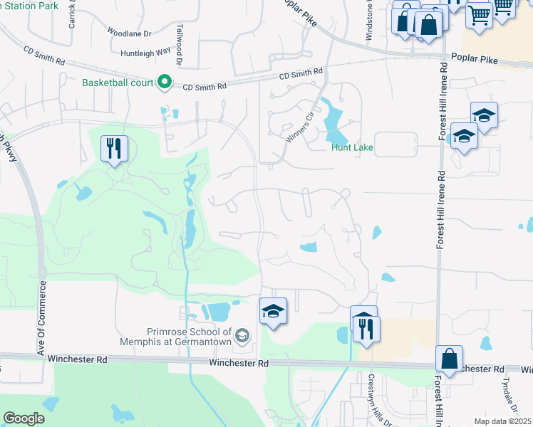 map of restaurants, bars, coffee shops, grocery stores, and more near 3432 Tournament Drive South in Memphis
