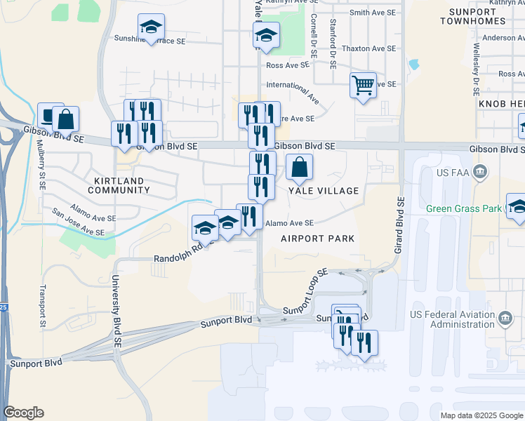 map of restaurants, bars, coffee shops, grocery stores, and more near 2340 Yale Boulevard Southeast in Albuquerque