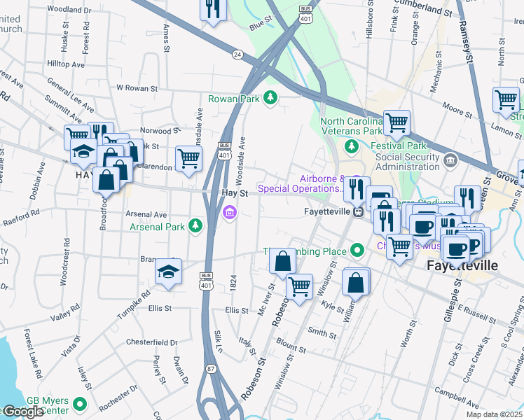 map of restaurants, bars, coffee shops, grocery stores, and more near 201 Fountainhead Lane in Fayetteville