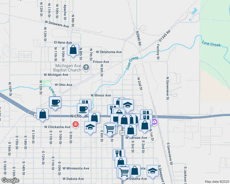 map of restaurants, bars, coffee shops, grocery stores, and more near 428 W Illinois Ave in Chickasha