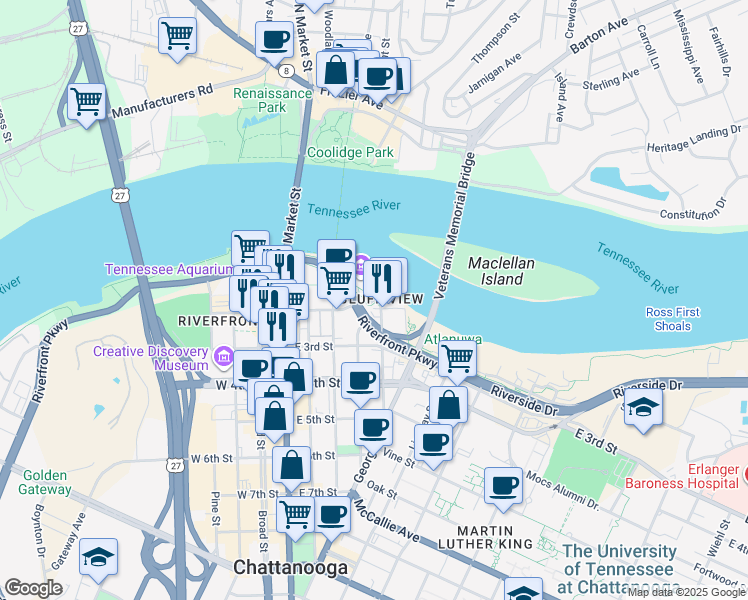 map of restaurants, bars, coffee shops, grocery stores, and more near 10 Bluff View Avenue in Chattanooga