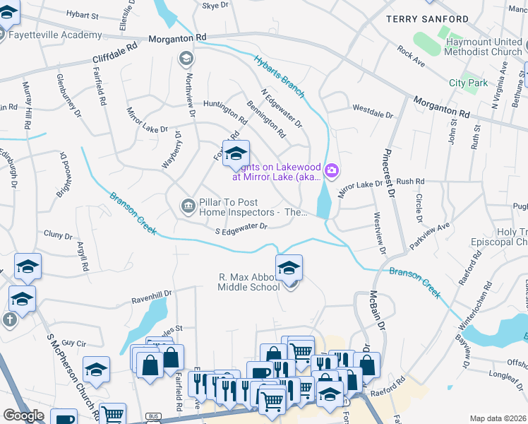 map of restaurants, bars, coffee shops, grocery stores, and more near 2530 South Edgewater Drive in Fayetteville