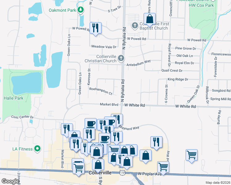 map of restaurants, bars, coffee shops, grocery stores, and more near 578 Roxburgh Drive in Collierville