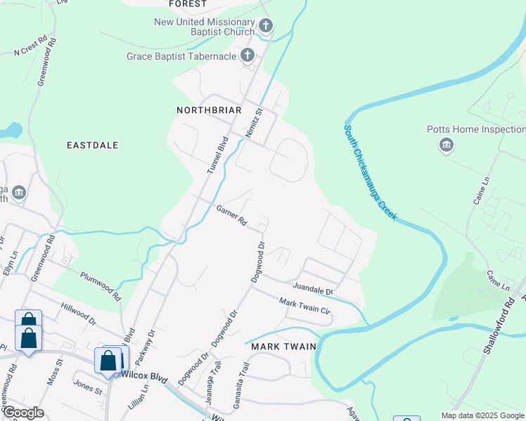 map of restaurants, bars, coffee shops, grocery stores, and more near 3637 Garner Road in Chattanooga