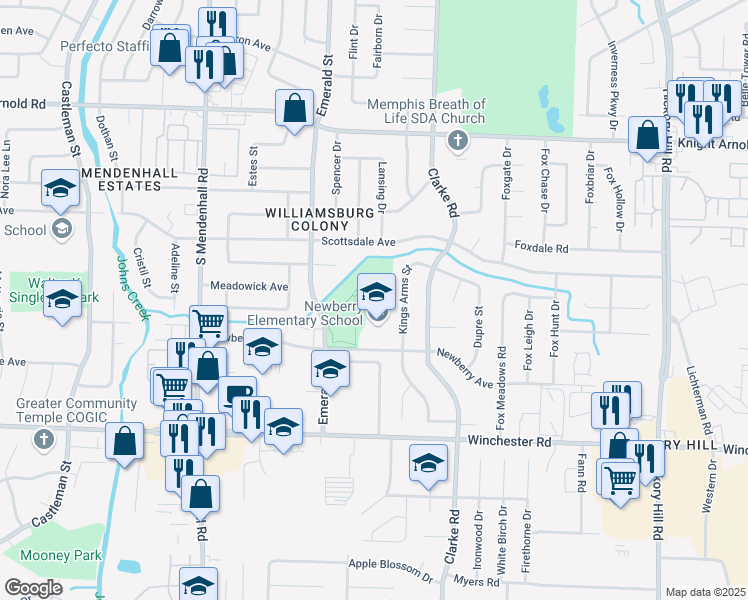 map of restaurants, bars, coffee shops, grocery stores, and more near 5540 Newberry Avenue in Memphis