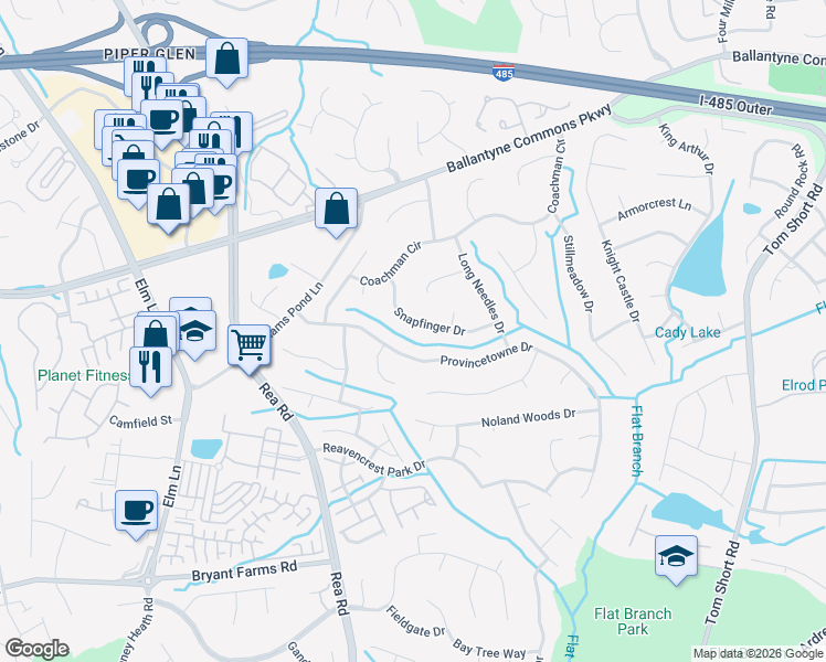 map of restaurants, bars, coffee shops, grocery stores, and more near 11317 Snapfinger Drive in Charlotte