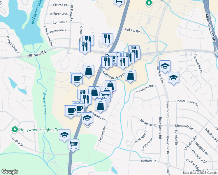 map of restaurants, bars, coffee shops, grocery stores, and more near 5866 Century Oaks Drive in Fayetteville