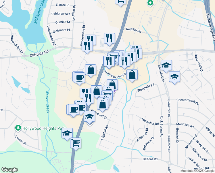 map of restaurants, bars, coffee shops, grocery stores, and more near 5866 Century Oaks Drive in Fayetteville