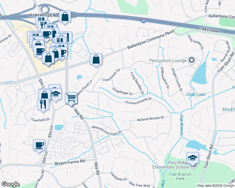 map of restaurants, bars, coffee shops, grocery stores, and more near 11317 Snapfinger Drive in Charlotte