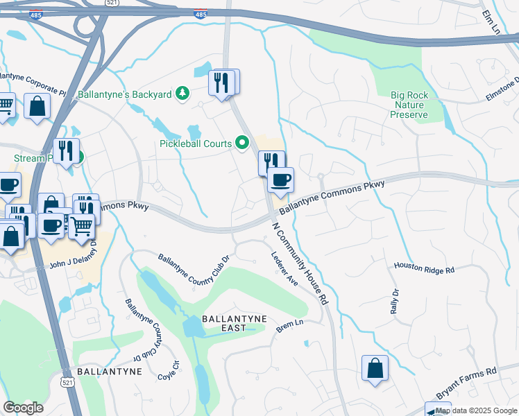 map of restaurants, bars, coffee shops, grocery stores, and more near 11215 North Community House Road in Charlotte
