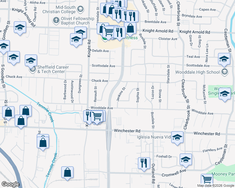 map of restaurants, bars, coffee shops, grocery stores, and more near 3426 South Perkins Road in Memphis