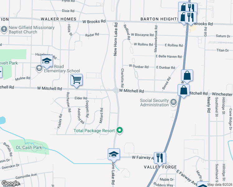 map of restaurants, bars, coffee shops, grocery stores, and more near 3431 New Horn Lake Road in Memphis