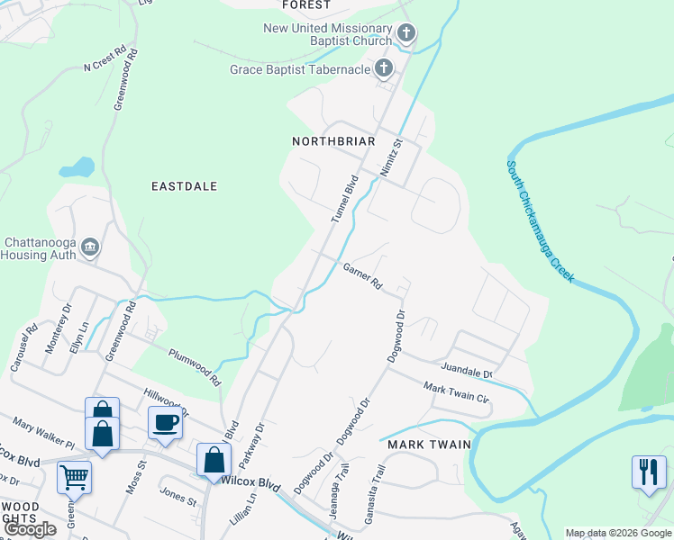 map of restaurants, bars, coffee shops, grocery stores, and more near 3524 Garner Road in Chattanooga