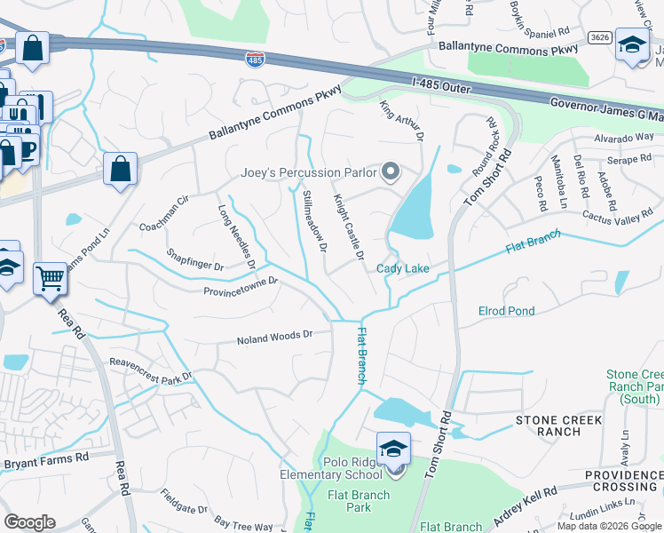 map of restaurants, bars, coffee shops, grocery stores, and more near 6808 Stillmeadow Drive in Charlotte