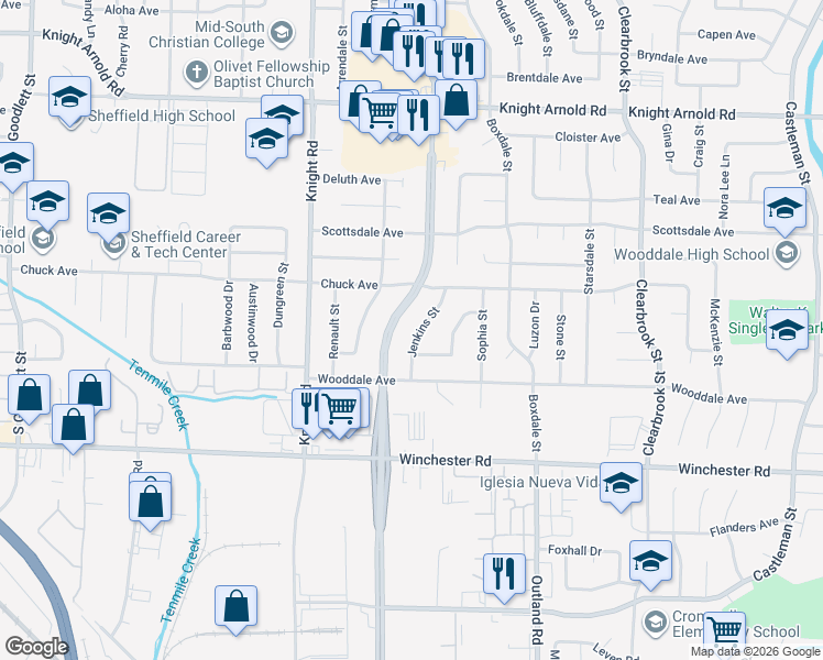 map of restaurants, bars, coffee shops, grocery stores, and more near 3426 South Perkins Road in Memphis