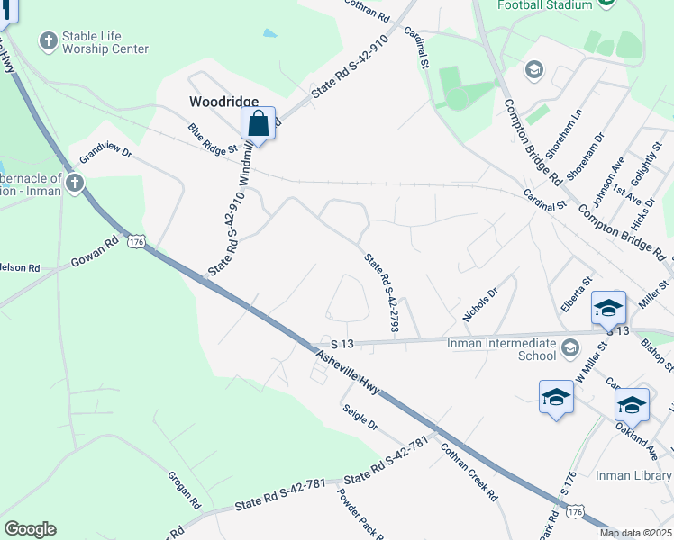 map of restaurants, bars, coffee shops, grocery stores, and more near 386 Copper Creek Circle in Inman