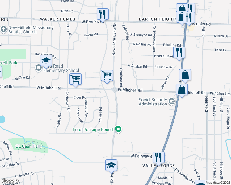map of restaurants, bars, coffee shops, grocery stores, and more near 3431 New Horn Lake Road in Memphis
