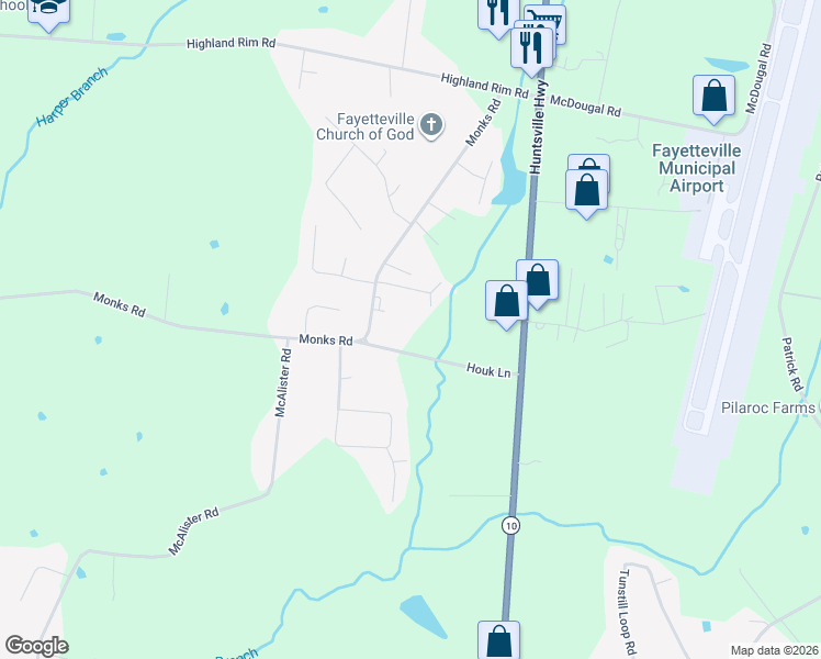 map of restaurants, bars, coffee shops, grocery stores, and more near 27 Houk Lane in Fayetteville