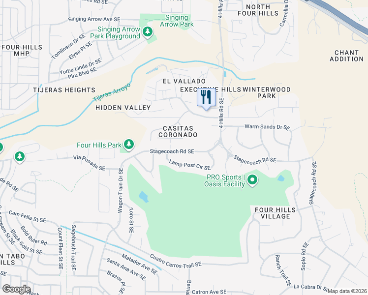 map of restaurants, bars, coffee shops, grocery stores, and more near 721 Stagecoach Road Southeast in Albuquerque