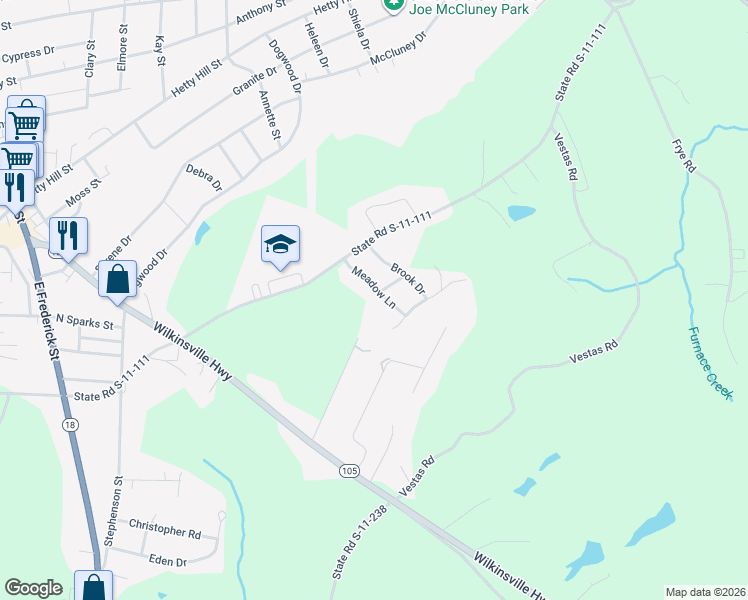 map of restaurants, bars, coffee shops, grocery stores, and more near 200 Meadow Lane in Gaffney