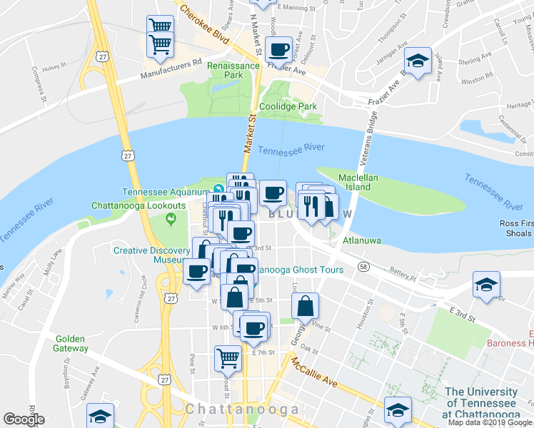map of restaurants, bars, coffee shops, grocery stores, and more near 129 Walnut Street in Chattanooga